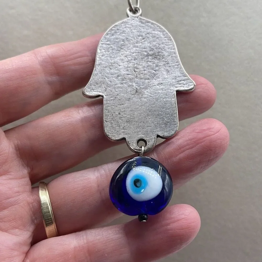 Lucky Hamsa and evil eye pendant necklace 18” boho festival